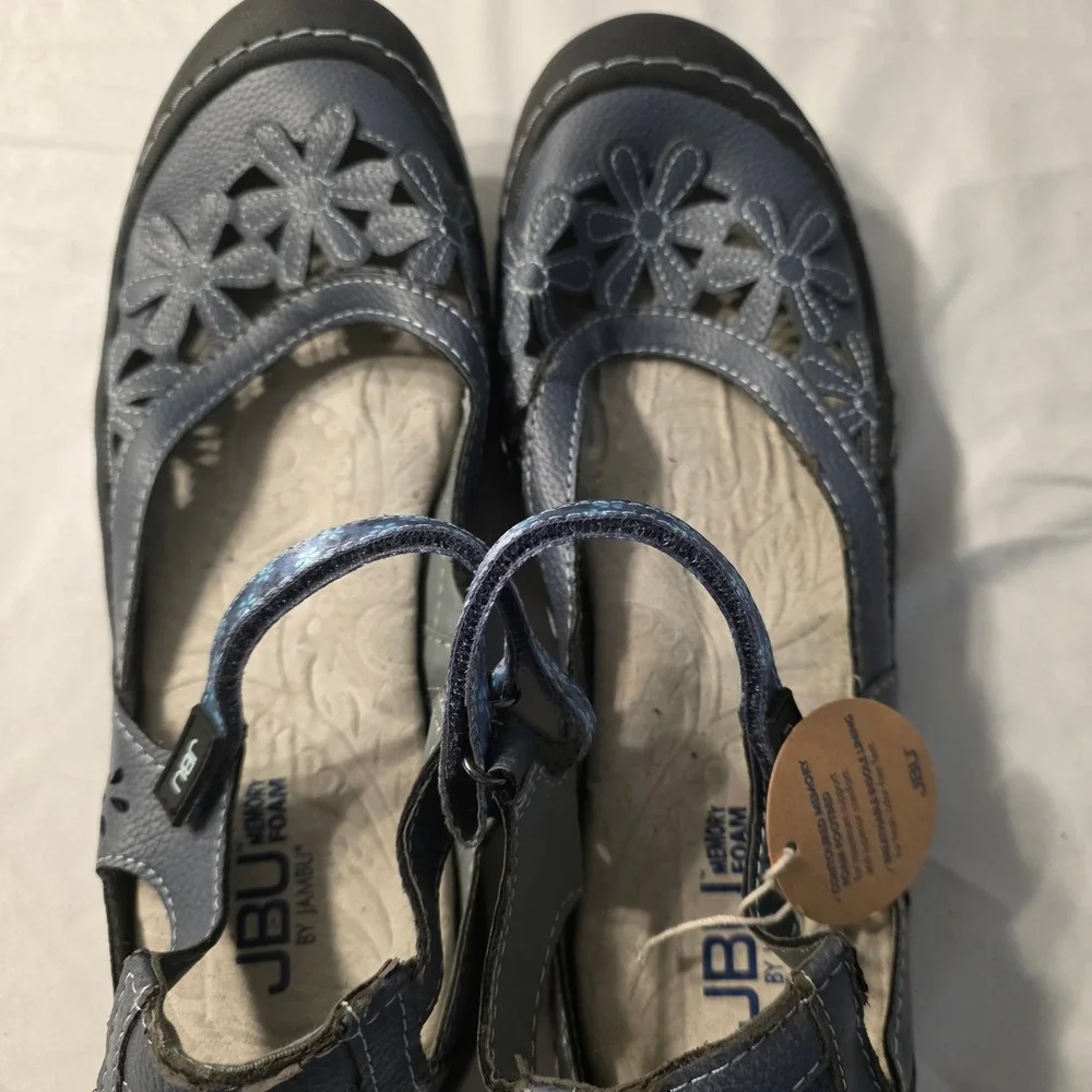 JBU by Jambu Comfort Shoes Womens Navy Mary Jane Flats Floral Cutout Memory Foam